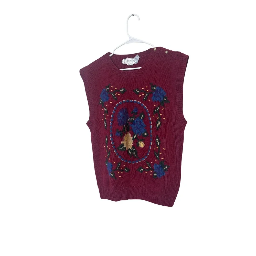 J. Christopher Sweater Vest Womens Medium Red Shetland Wool Floral Knit Pullover